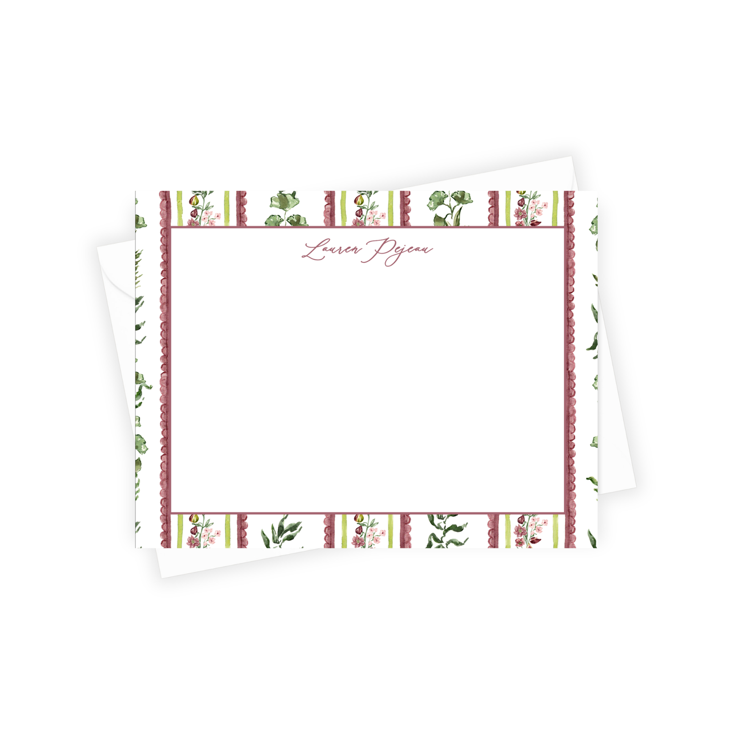 Note card with decorative border and 'Laser Peony' text on a white background