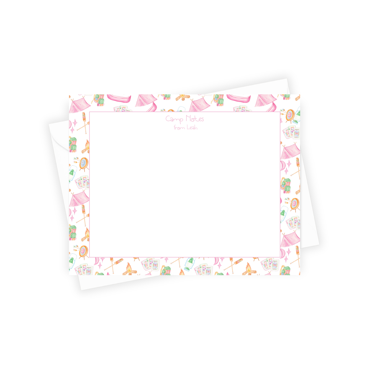 Note card with colorful stationery items design on a white background