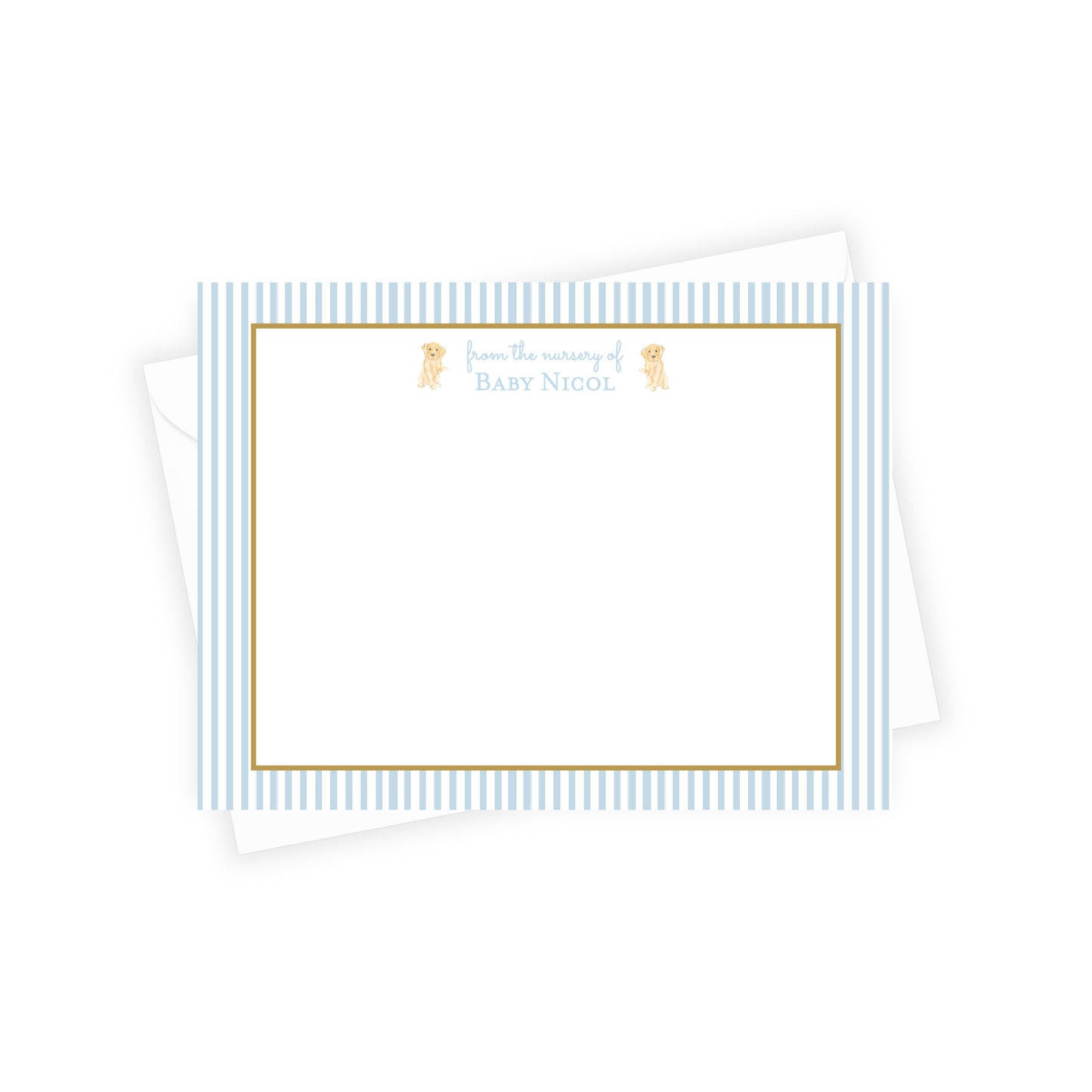 baby blue stripes stationery with dogs next to the name