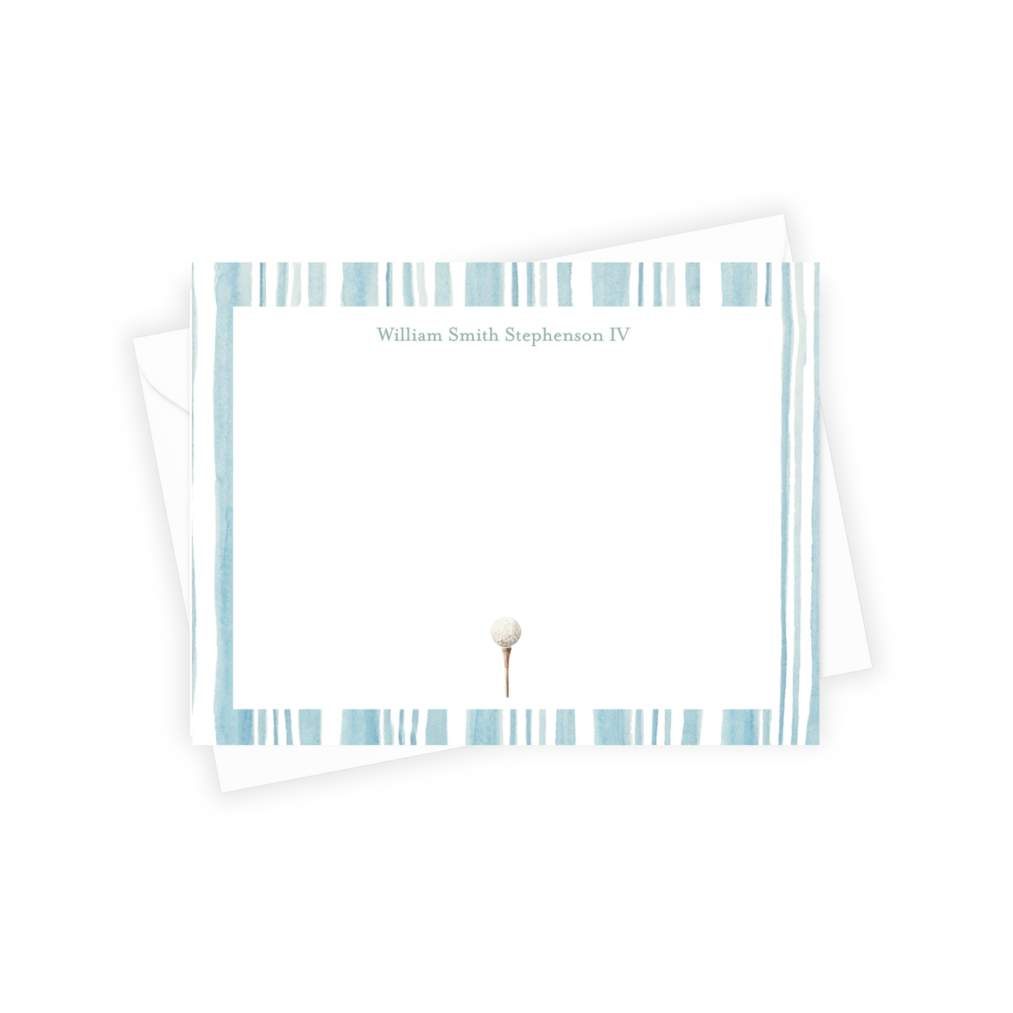 Note card with blue striped border and personalized name on a white background