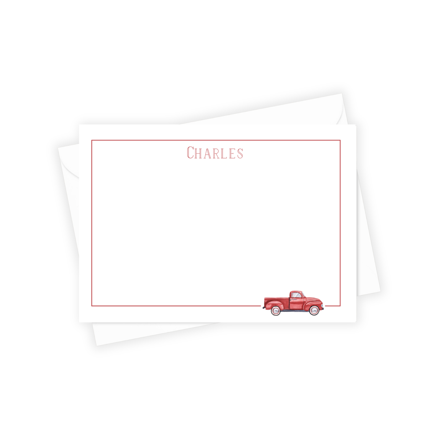 Note card with red truck illustration and 'CHARLES' text on a white background