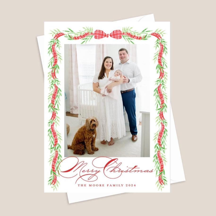 red ribbon garland border christmas card