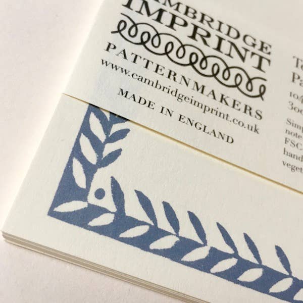 Cambridge Imprint patternmakers packaging with blue leaf design and branding text.