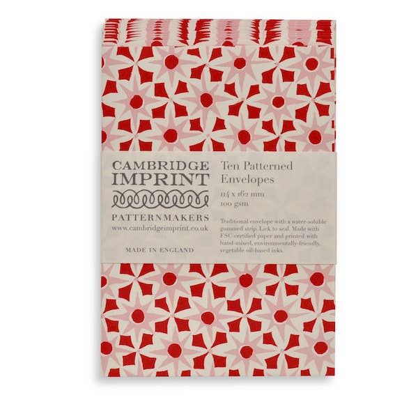 Cambridge Imprint - Packet of Ten Patterned Envelopes Alhambra red/pink