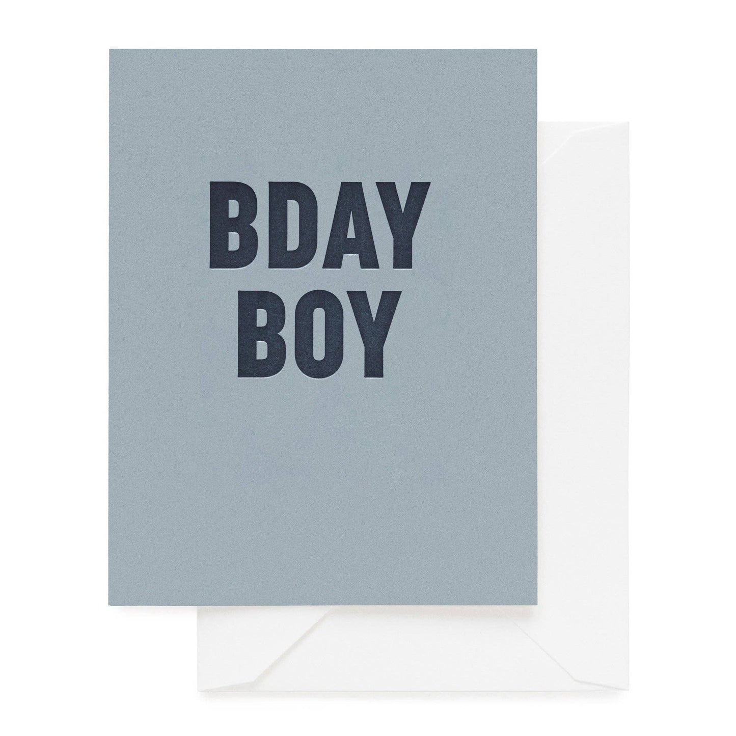 Greeting card with 'BDAY BOY' text on a light blue background