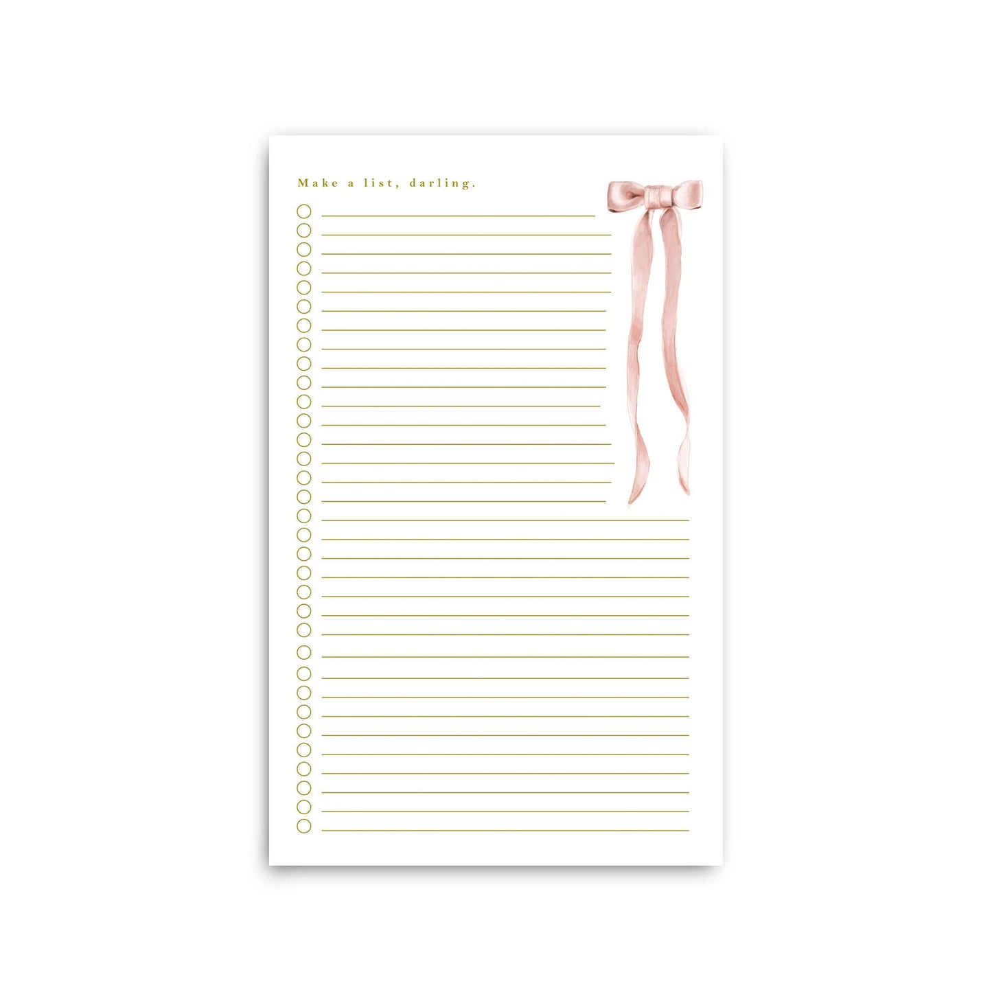 Notepad with gold text and a pink ribbon on a white background