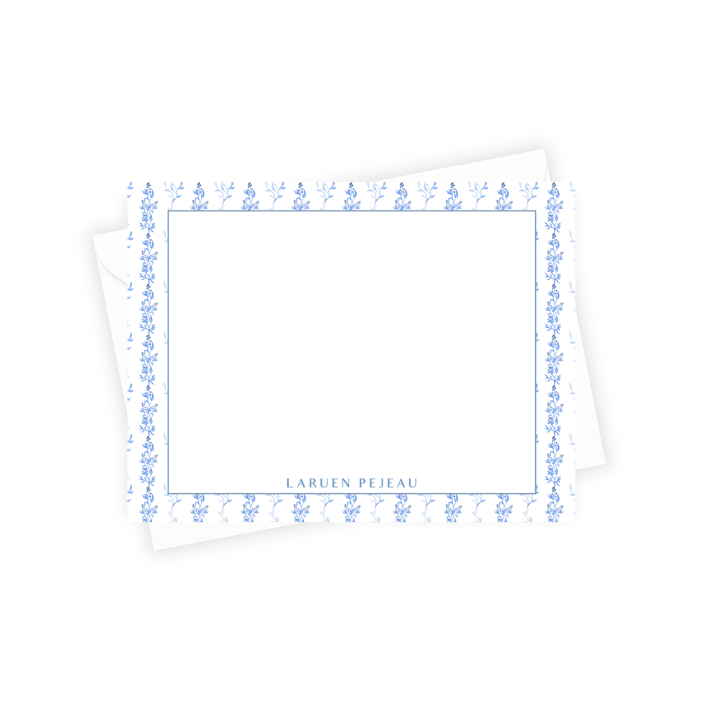 Note card with blue floral border and 'Lauren Peiho' text on a white background