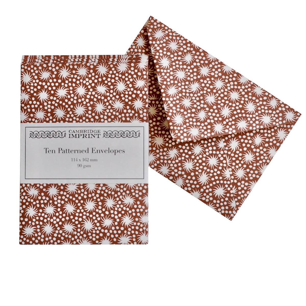 Pack of patterned envelopes with a visible brand label on a white background