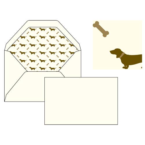 Set of stationery items with dachshund pattern and design on a white background