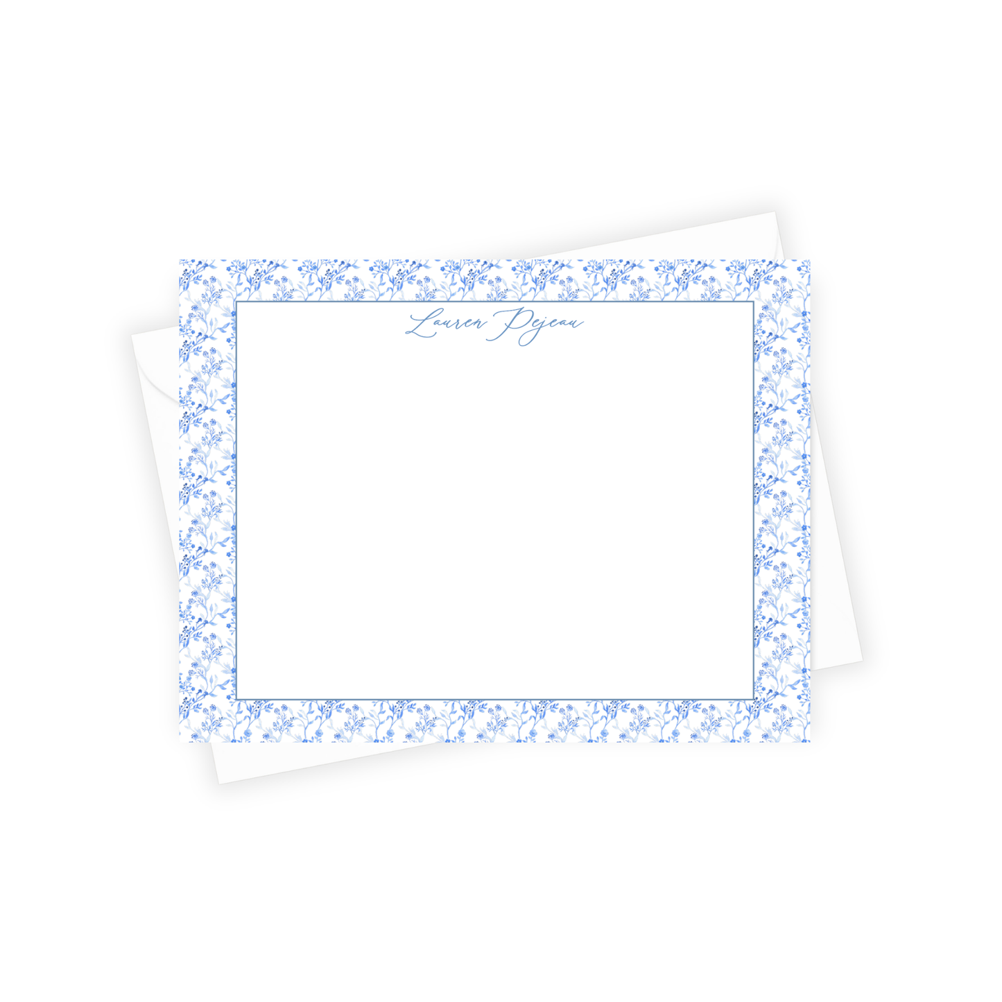 Note card with blue floral border and 'Lavera Daydream' text on a white background