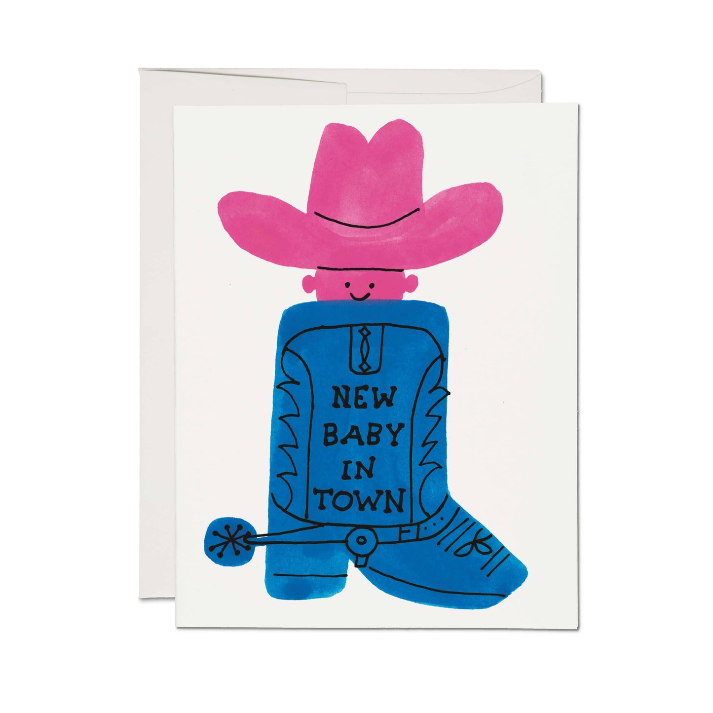 Card with a blue boot and pink cowboy hat, featuring 'New Baby in Town' text.
