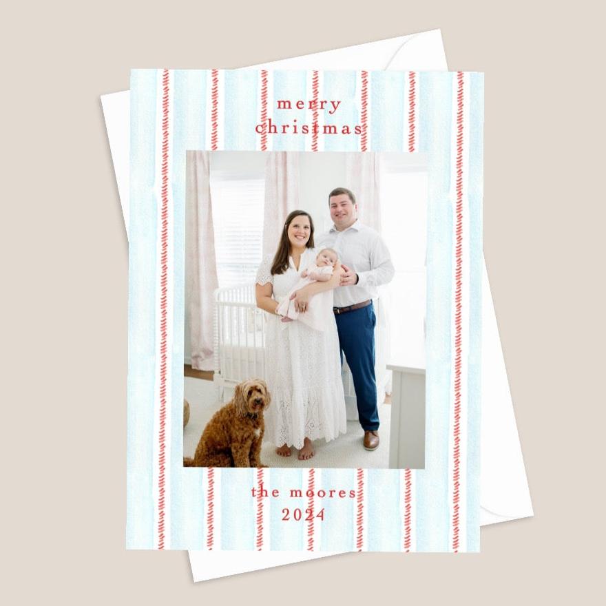 watercolor red and blue striped christmas card
