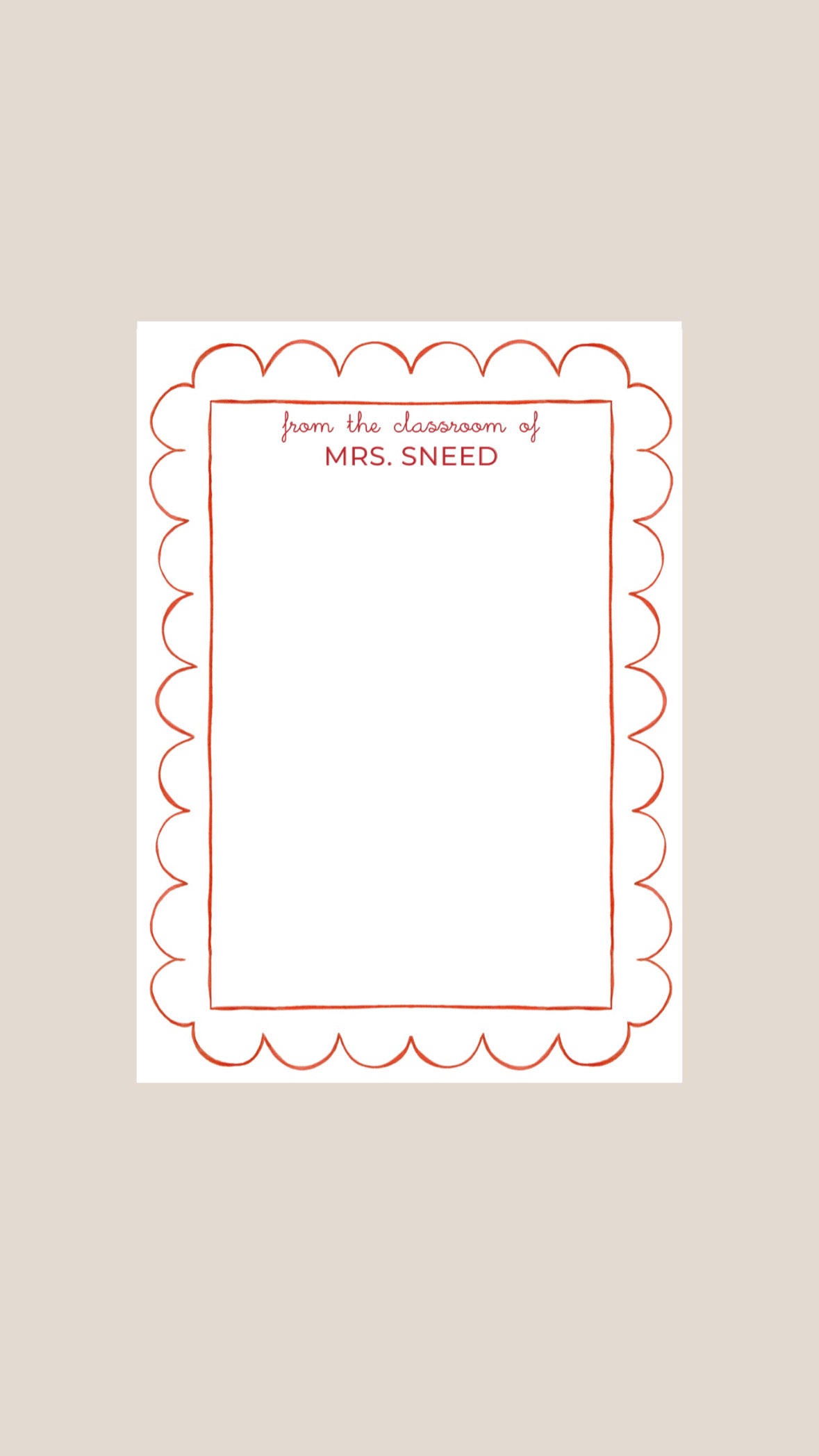 Note card with scalloped border and text 'from the classroom of '