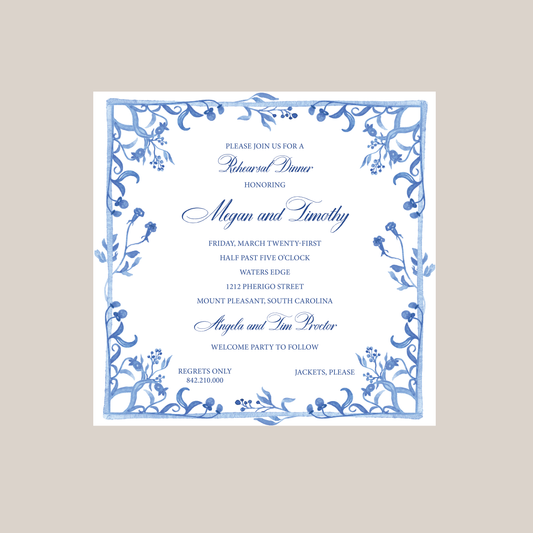 blue square rehearsal dinner invitation