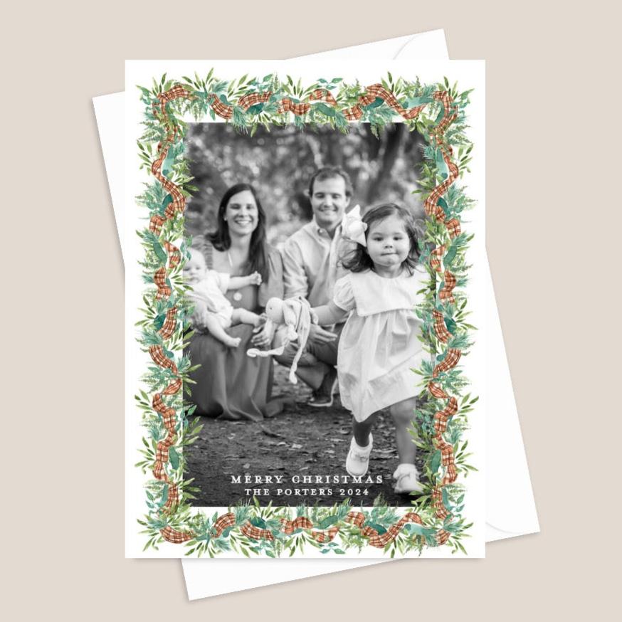 red ribbon and garland border christmas card