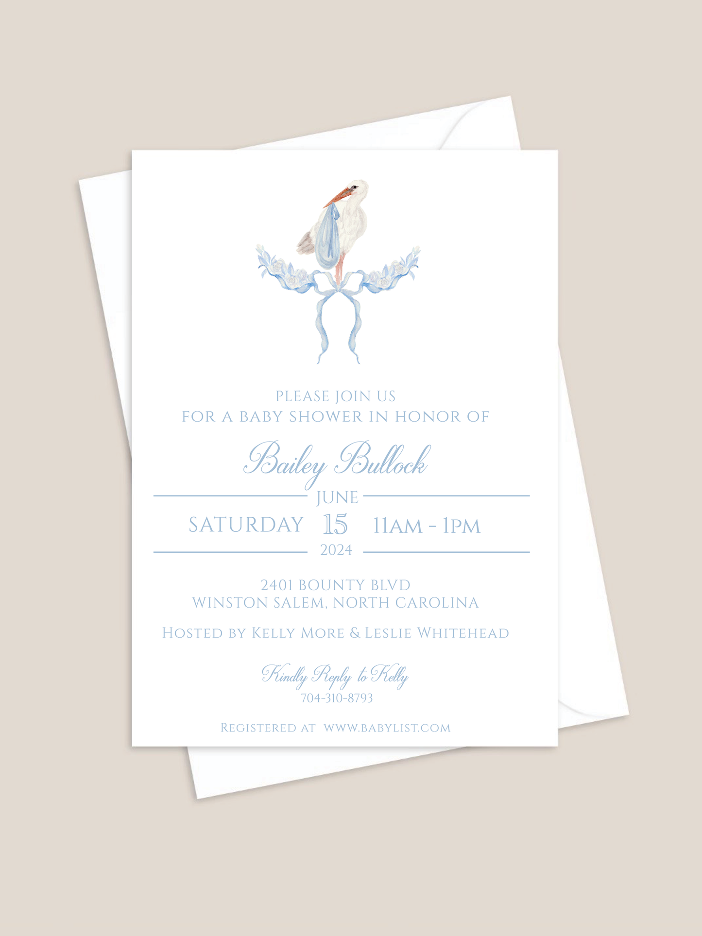 Blue Stork Baby Shower Invitation