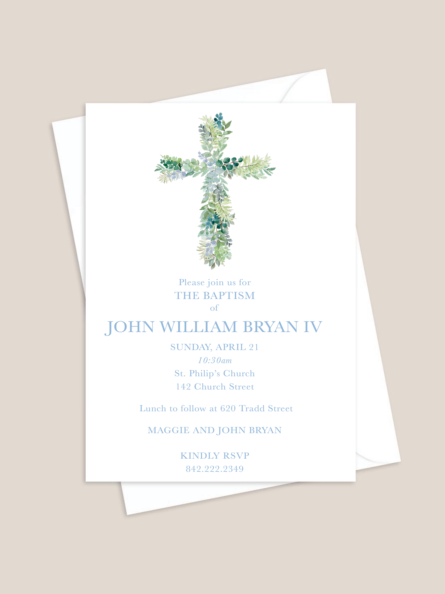 Greenery Cross Baptism Invitation