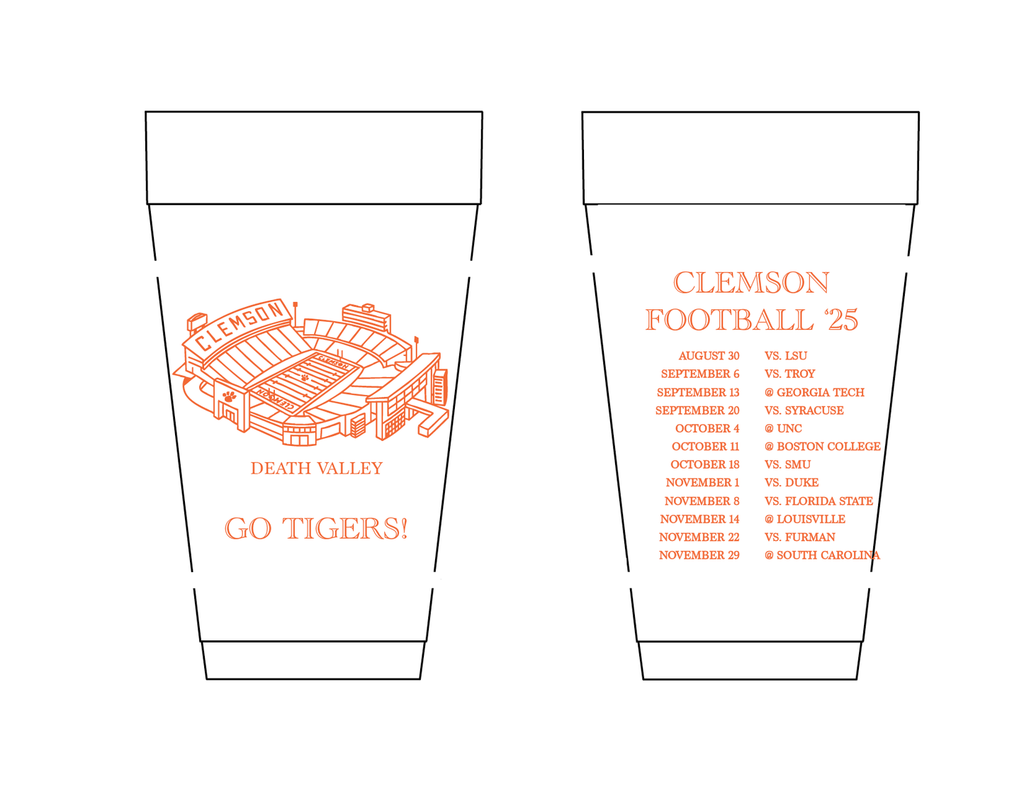 Clemson football graphics and text on a white background