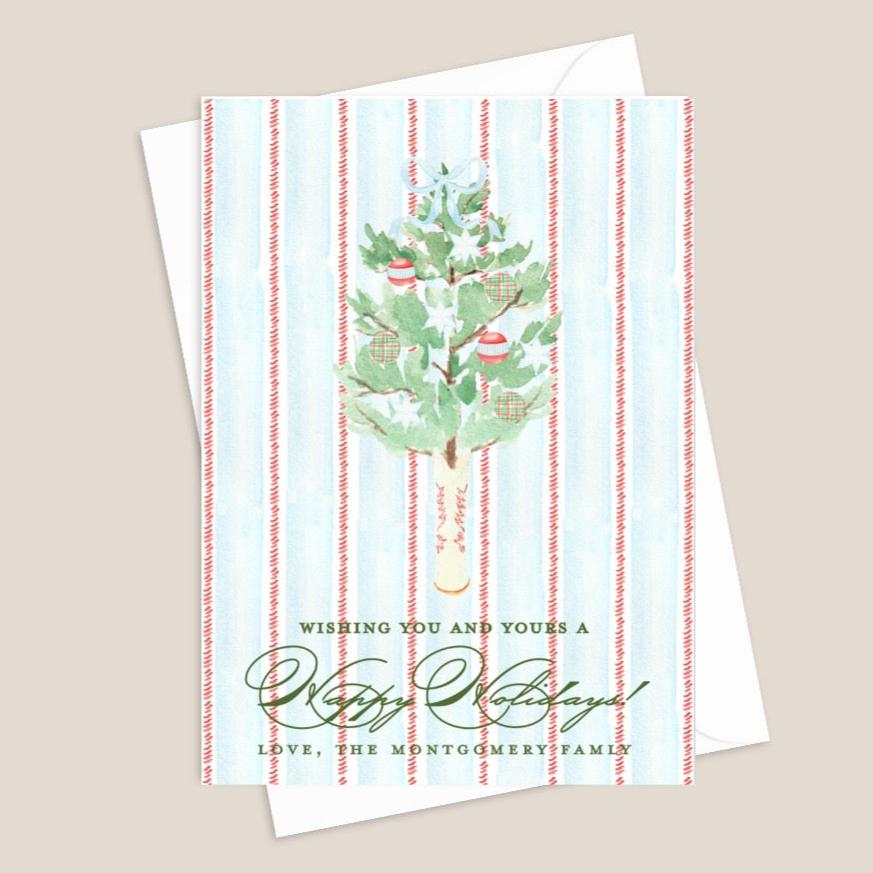 red and blue striped water color holiday card
