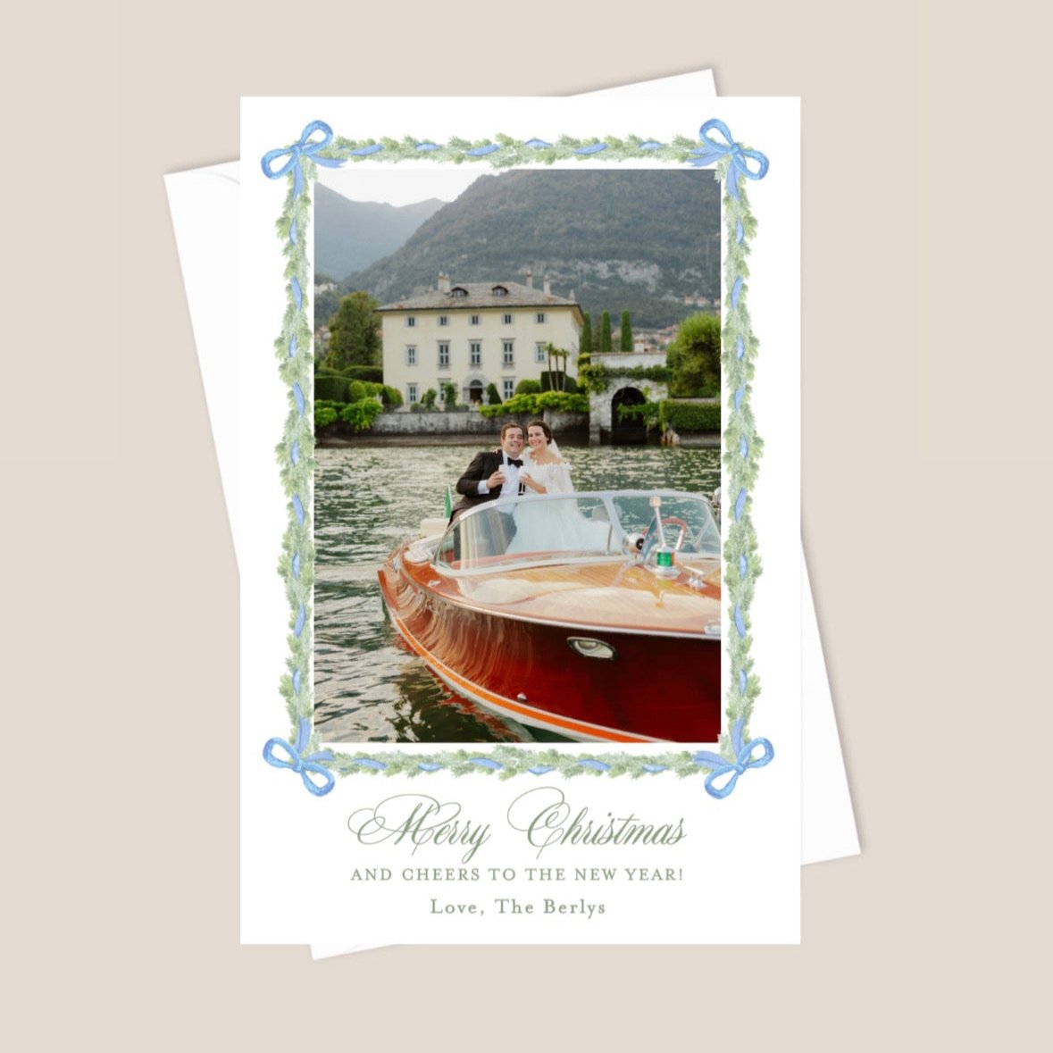 blue ribbon garland christmas card