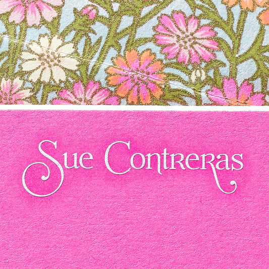 pink notecard with white font