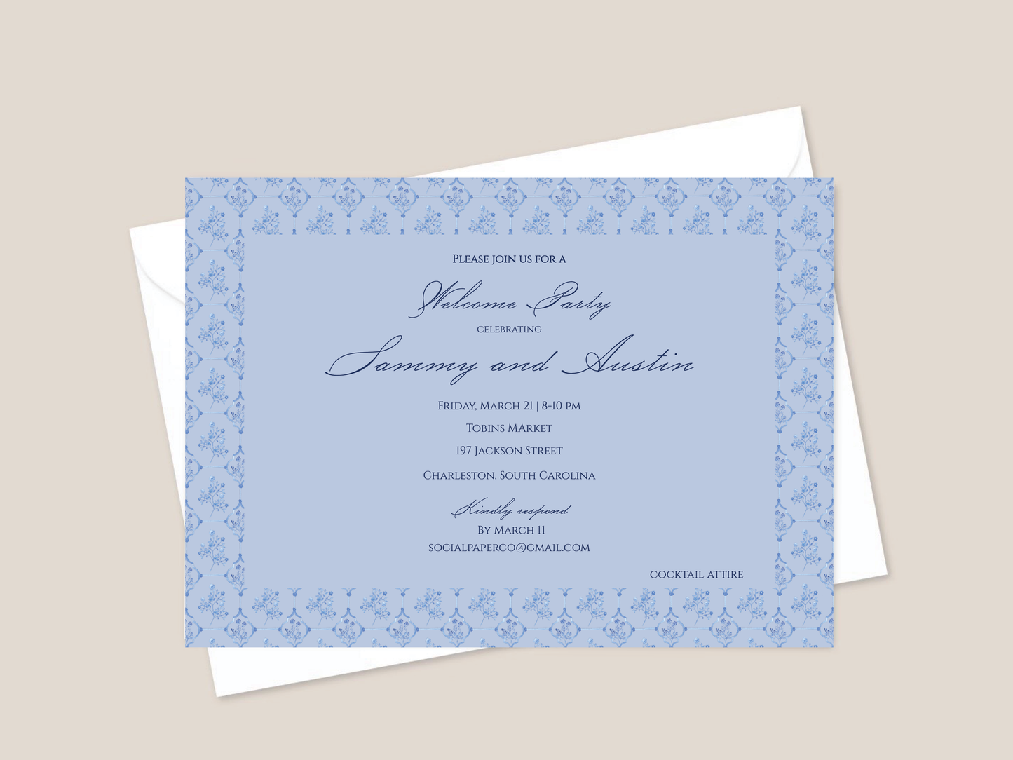 Blue Toile Welcome Party Invitation