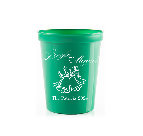 Green Plastic cup with last name and bells written on it