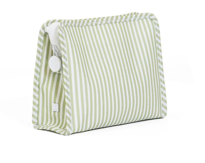 Green and white striped pouch with a button on a white background