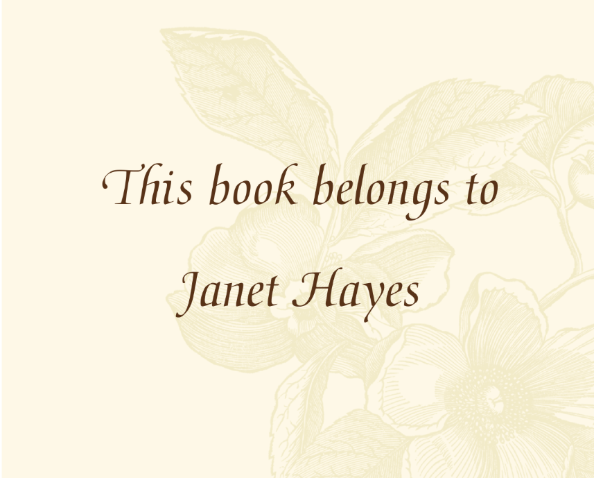Calling card with 'This book belongs to Janet Hayes' text on a floral design background