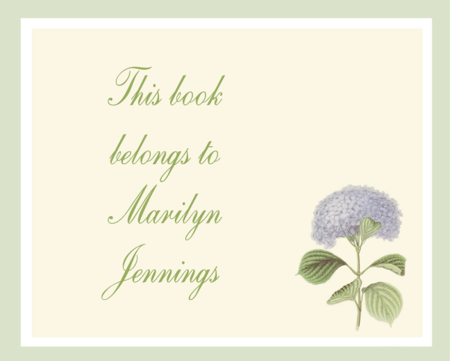 Bookplate with floral design and text 'This book belongs to Marilyn Jennings' on a light green background