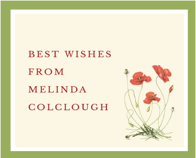 Greeting card with red poppies and 'Best Wishes from Melinda Colclough' text on a beige background.
