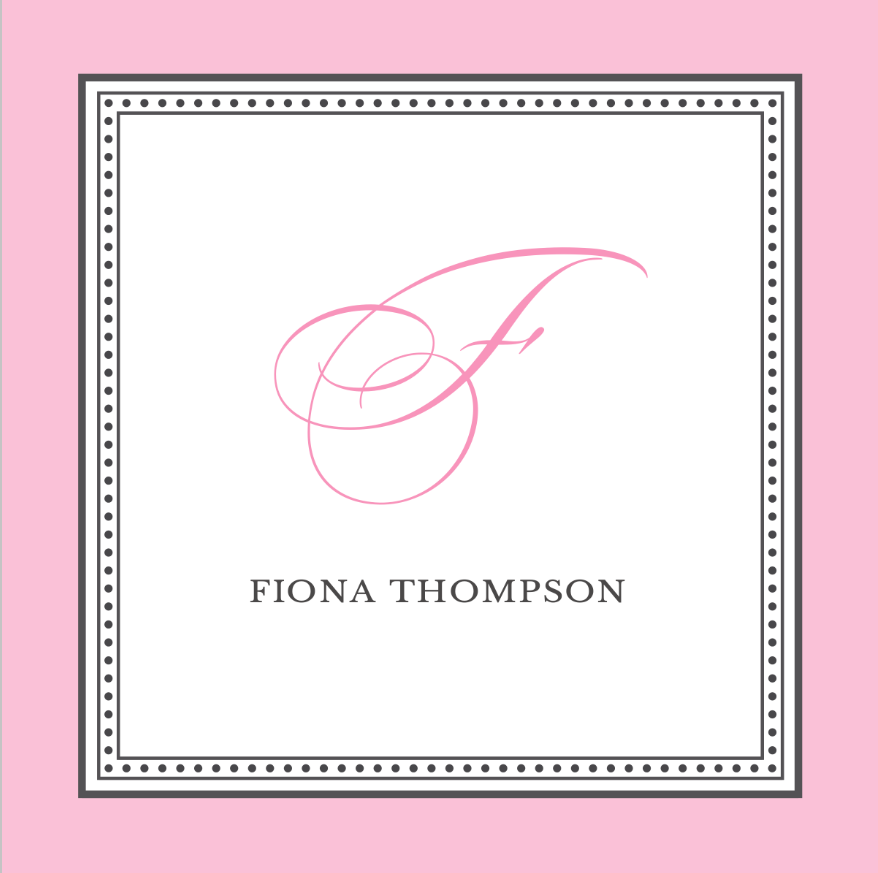 Monogram 'F' with name 'Fiona Thompson' on a pink background