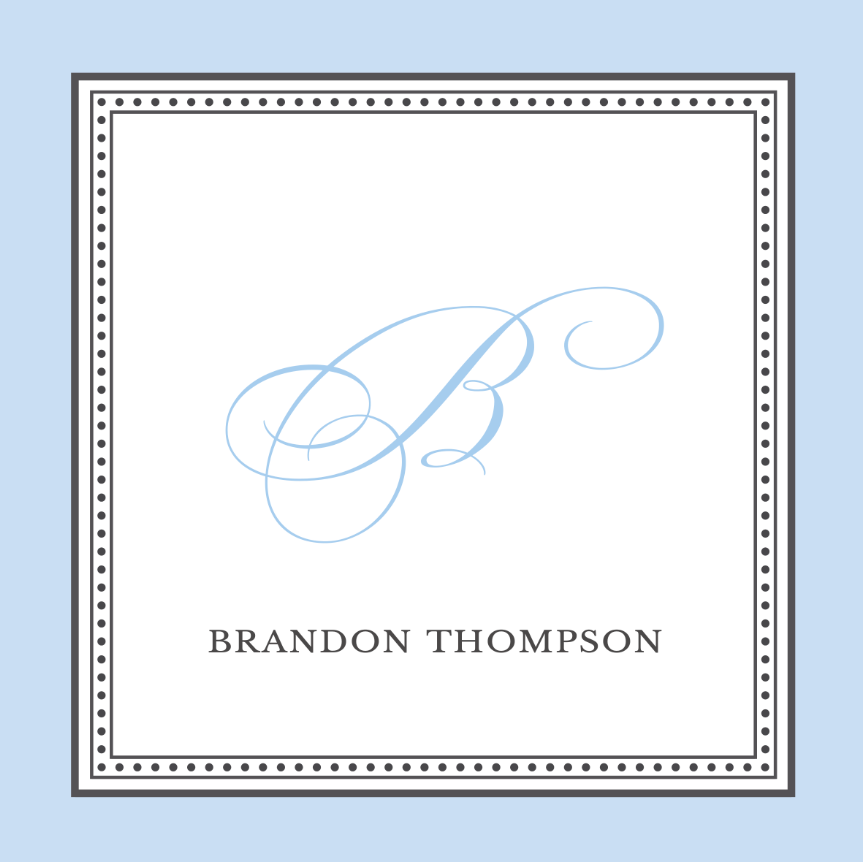 Monogram 'B' with name 'Brandon Thompson' on a light blue background