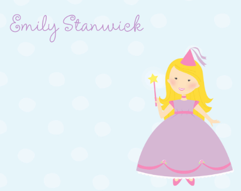 Calling Card with blonde princess on a light blue polka dot background