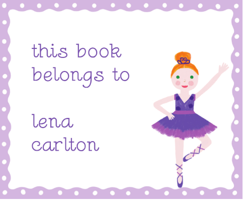 Book label with a ballerina illustration and text 'this book belongs to lena carlton' on a purple background.