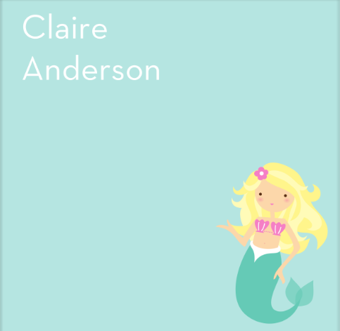 Illustration of a mermaid with blonde hair and a flower on a light blue background, with 'Claire Anderson' text above.
