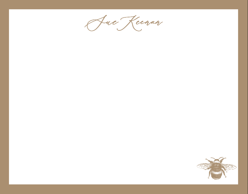 Note card with a bee illustration and a brown border