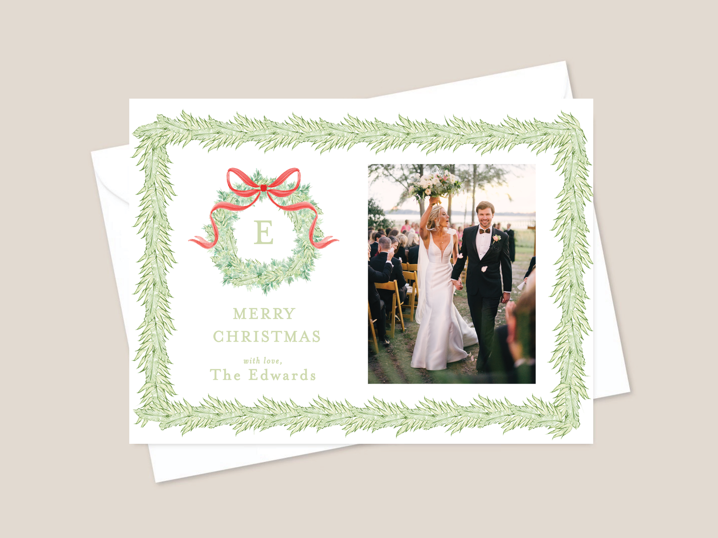 Christmas card with a wreath design featuring a red bow and text, alongside a photo of a couple at their wedding.