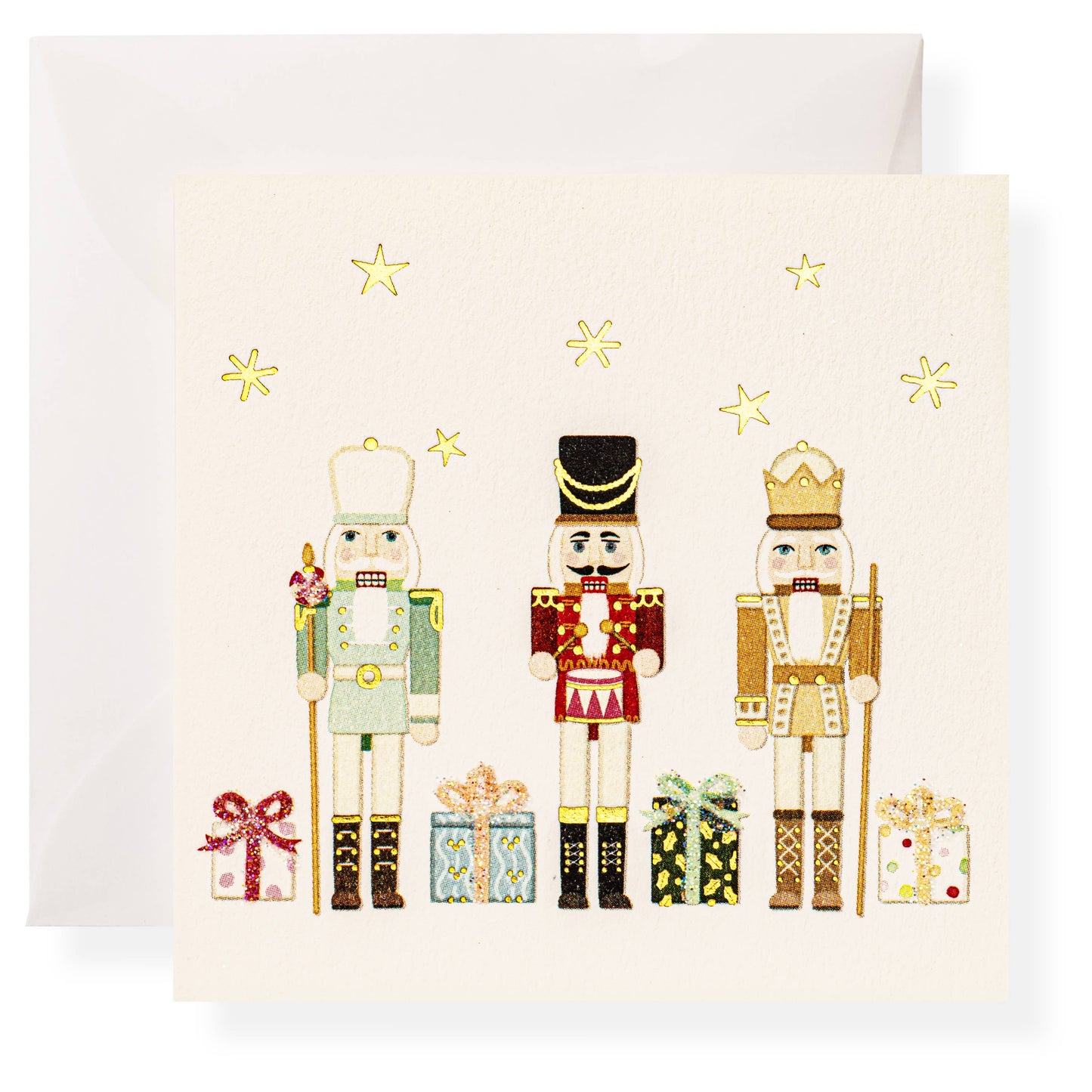 Card with illustrations of nutcrackers and presents on a white background