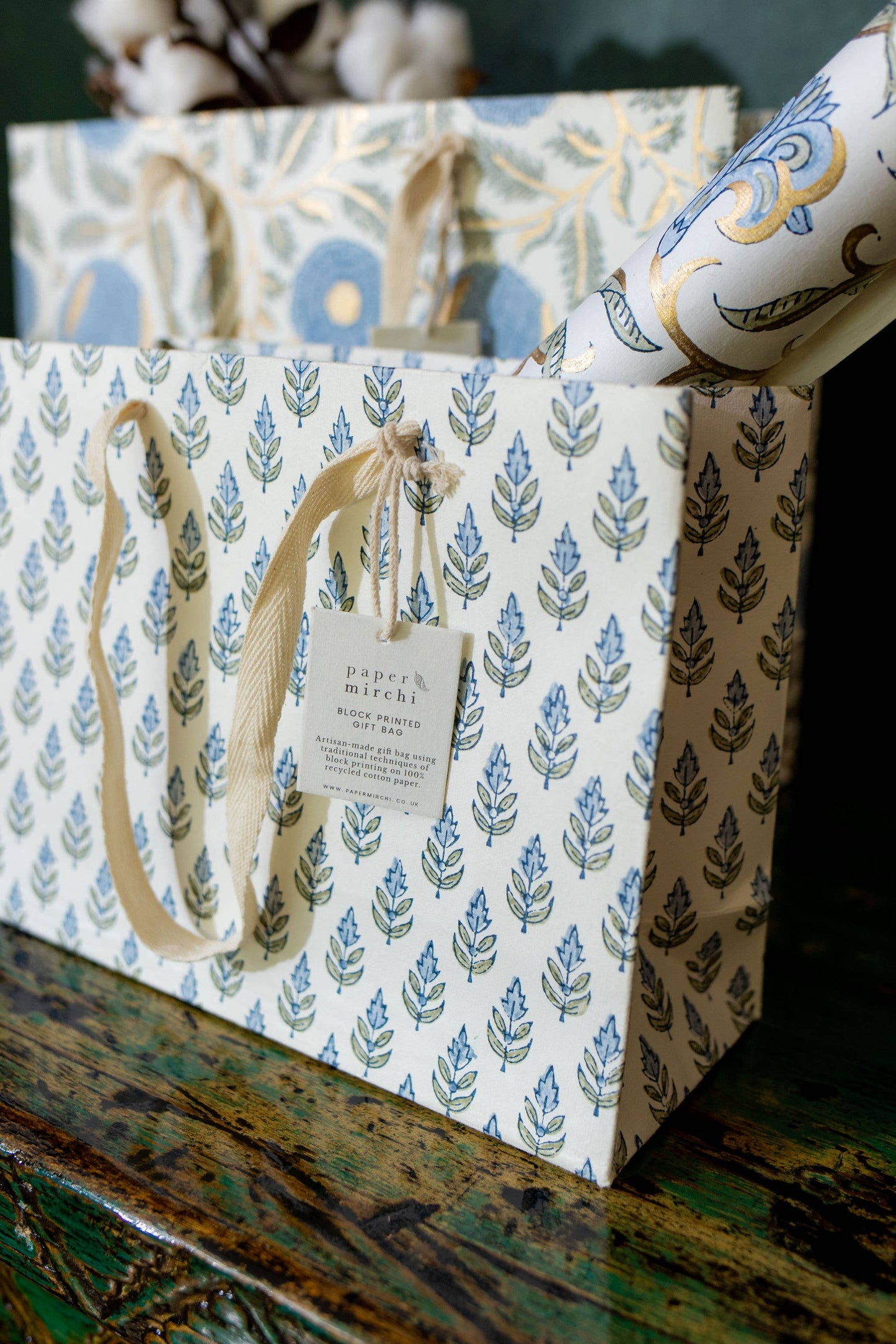 Paper Mirchi - Hand Block Printed Gift Bags (Medium) - Blue Stone