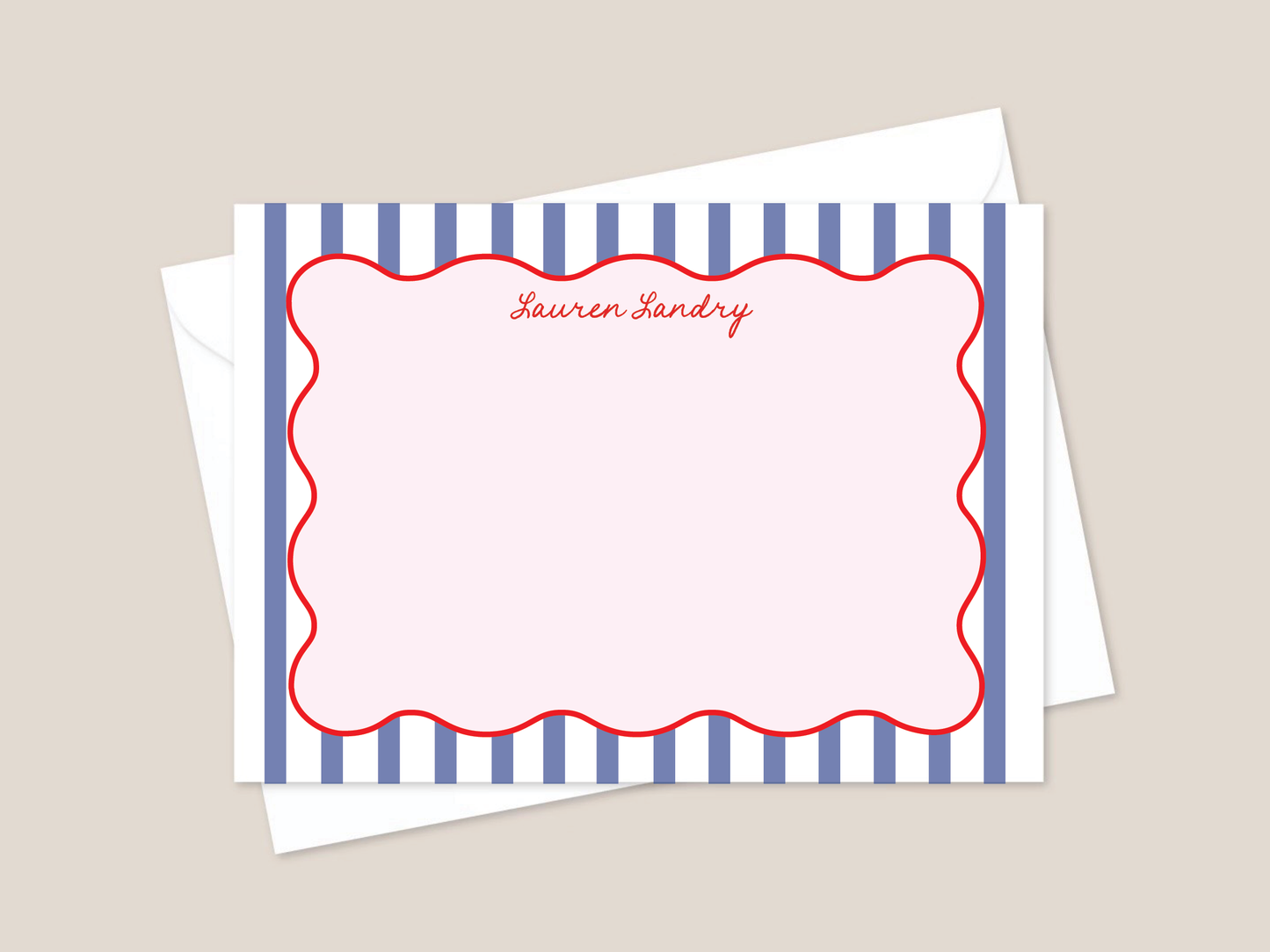 A stack of flat note cards with blue and pink stripes and a red scalloped border. The cards are labeled with 'Oliver James'.