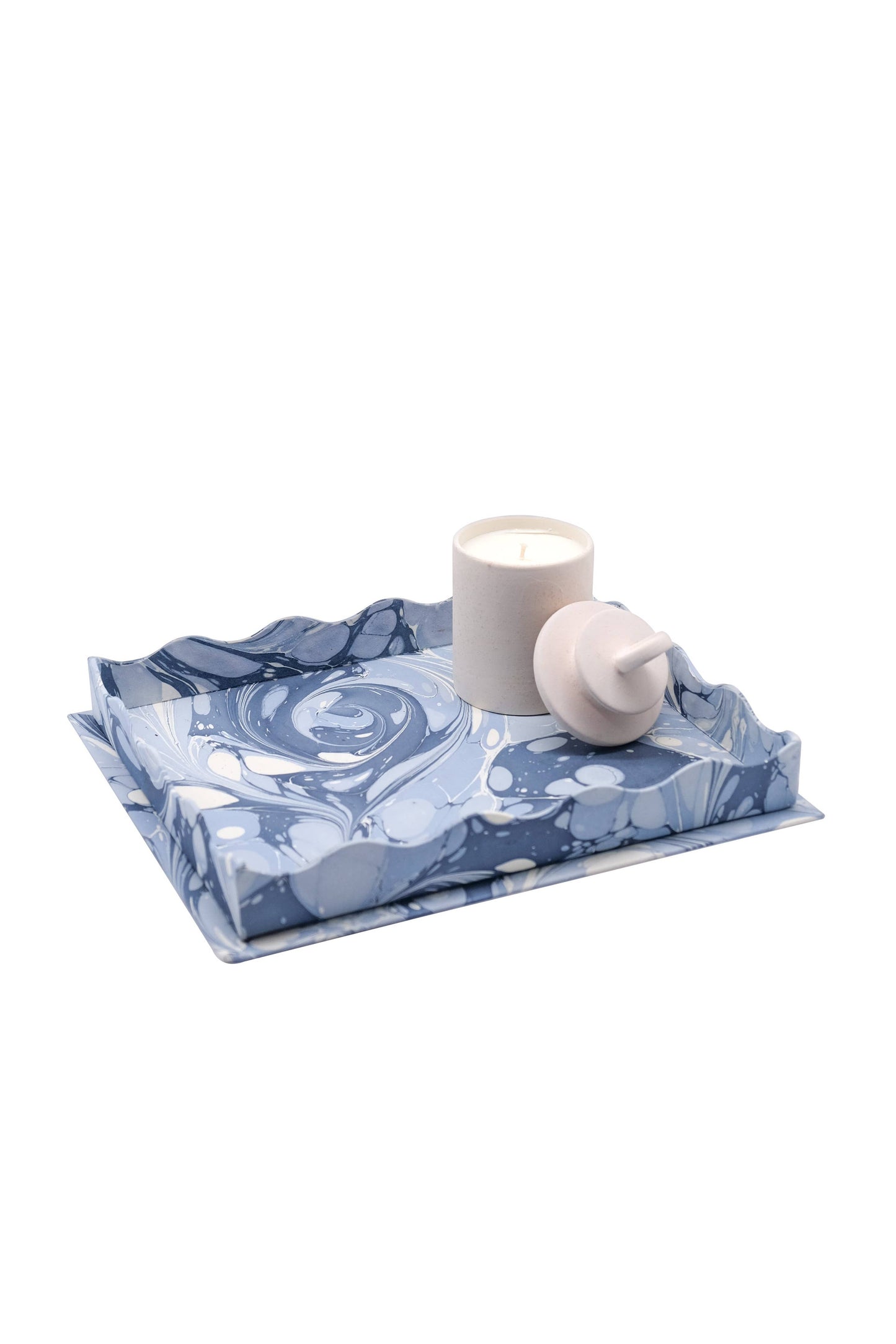 small Nesting Scalloped Hand-Marbled Trays in Ocean Wave