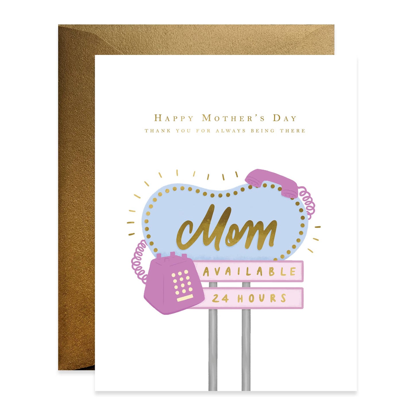 Greeting card with 'Mom Available 24 Hours' design and brown envelope