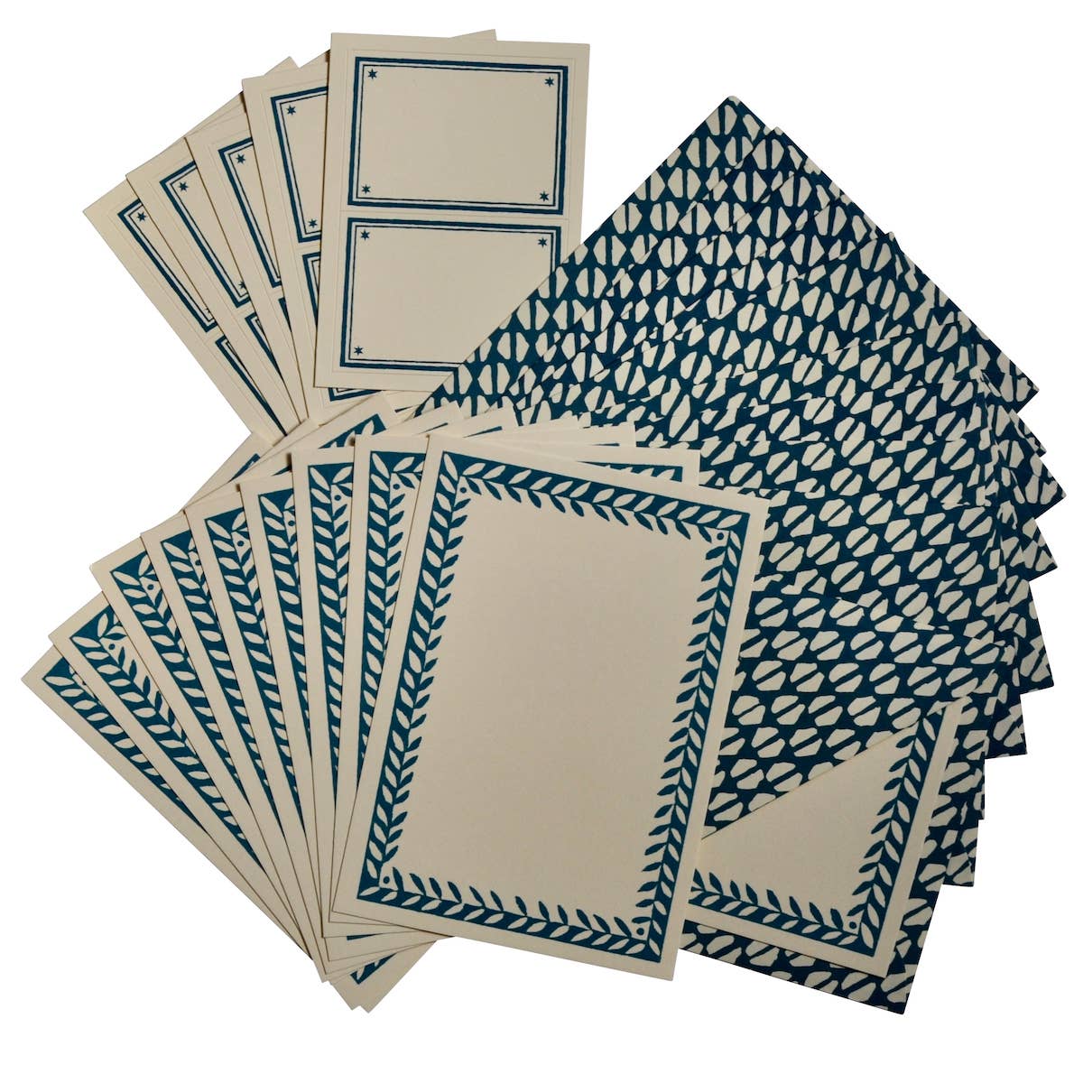 Set of cards with blue geometric patterns on beige backgrounds