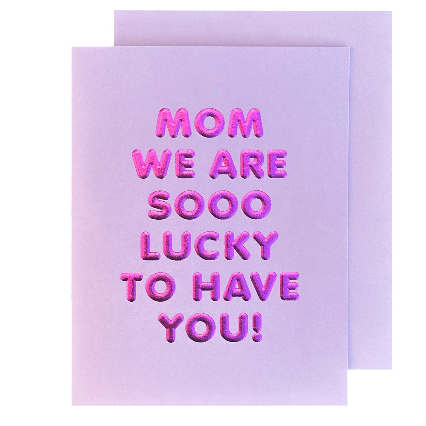 Greeting card with pink text on a light purple background