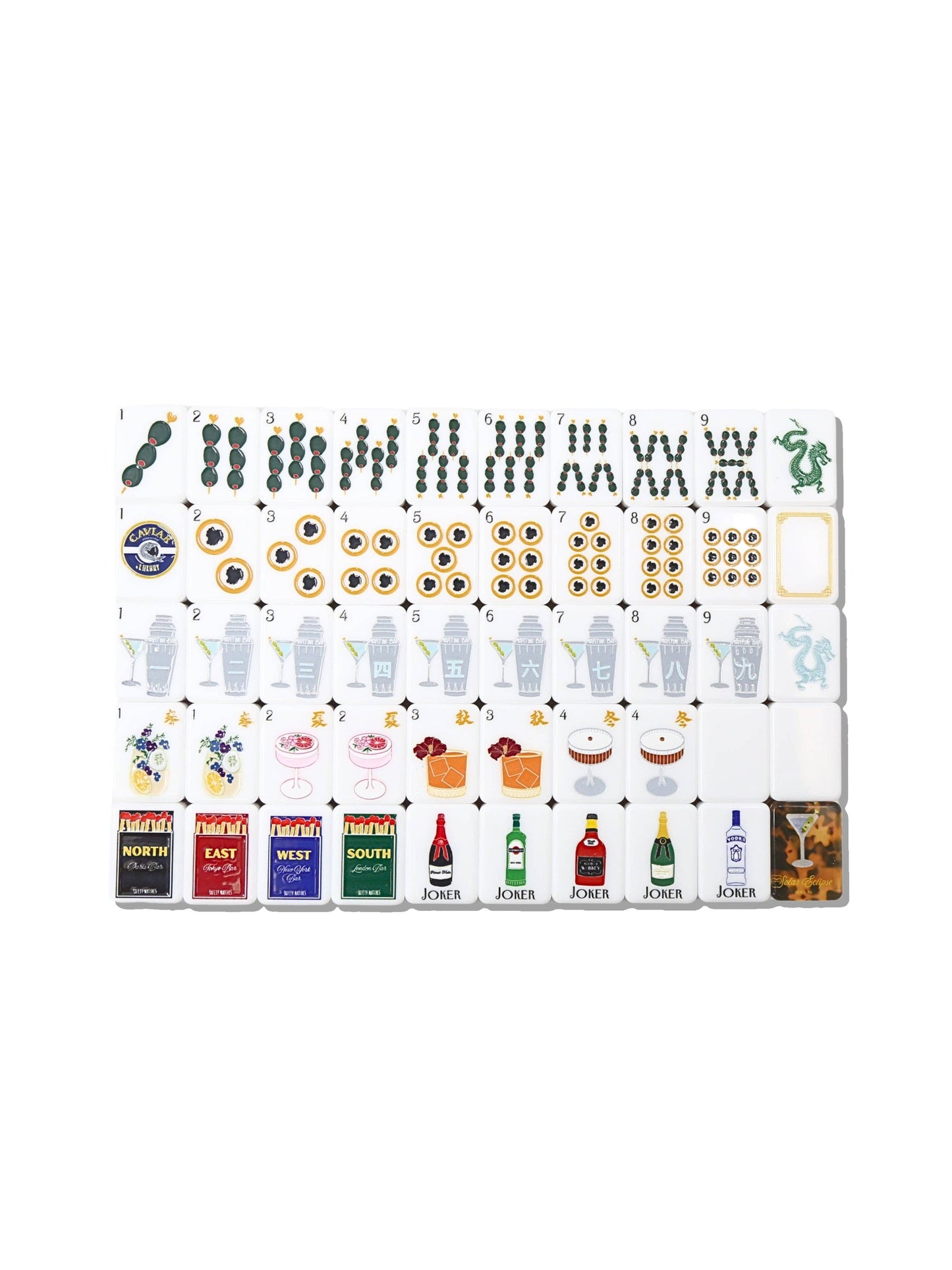 A set of rectangular playing cards arranged in a grid on a plain white background. The cards feature various illustrated symbols, numbers, suits, and small decorative graphics, including bottles and food motifs.