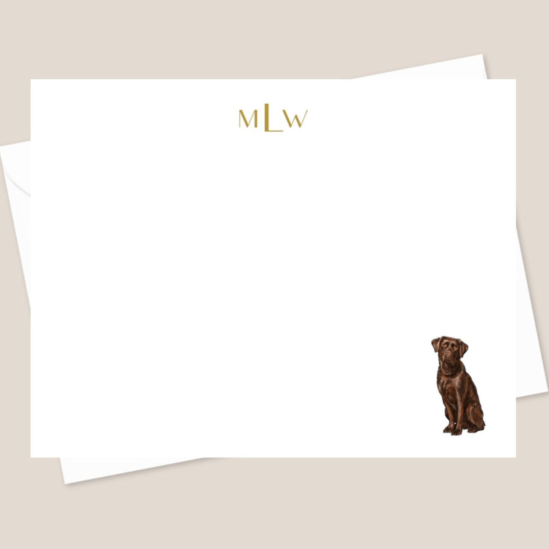 A set of custom stationery with a chocolate labrador illustration and personalized initials 'MLW' at the top.