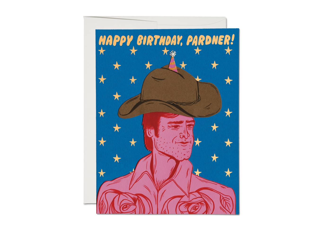 Birthday card with a cowboy illustration and 'Happy Birthday, Pardner!' text on a blue background with stars.