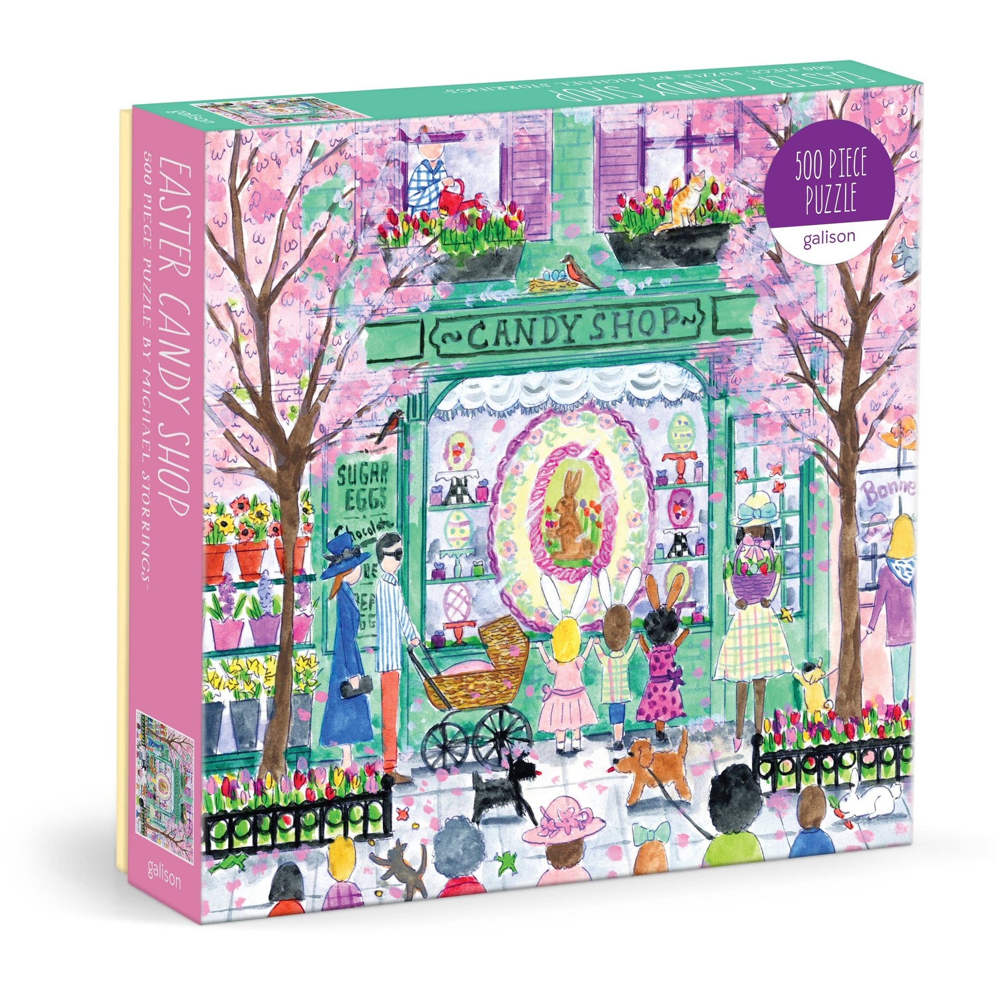 Puzzle box featuring a colorful candy shop scene with people and animals.