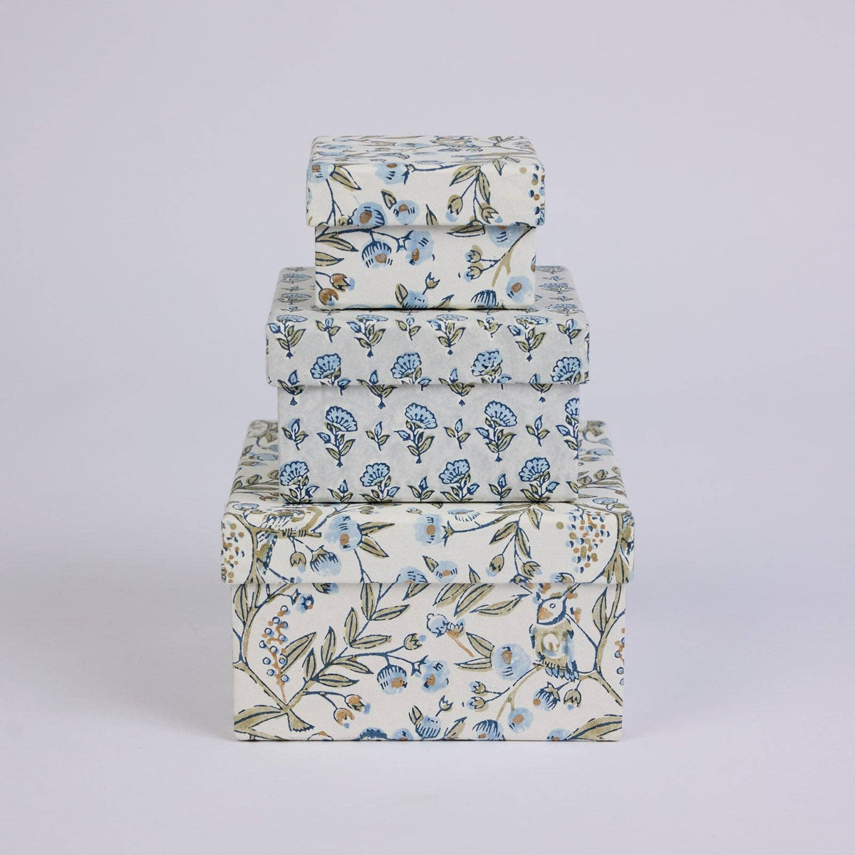 Block Printed Gift Boxes - Floral Blue Stone